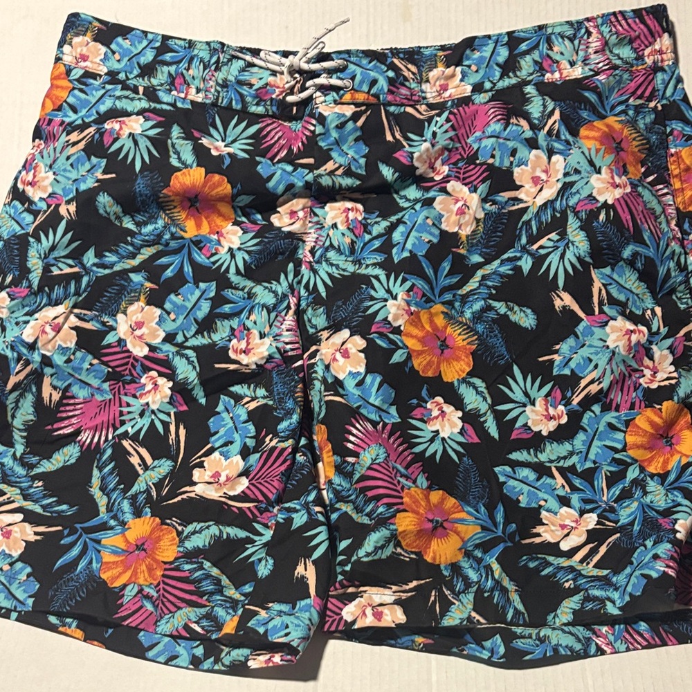 St. John's Bay Black Tropical Floral Swim Shorts with Blue & Orange Accents